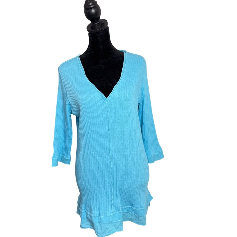 Soft Surroundings Blue Ribbed Pointelle V Neck Tunic Top‎ Sz L Ruffle Hem Casual